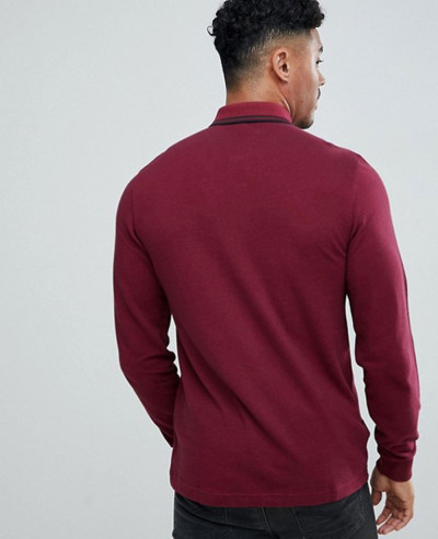 Long Sleeve Slim Fit Twin Tipped Polo Shirt In Burgundy