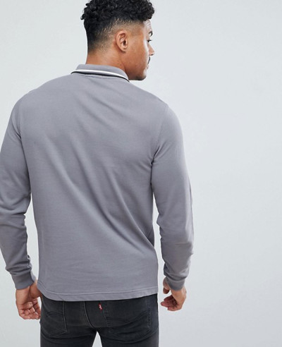 Long Sleeve Slim Fit Twin Tipped Polo Shirt In Grey