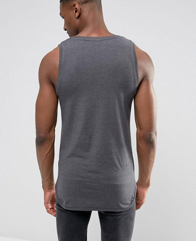 Longline Gym Muscle Vest With Bound Hem In Grey Tank Top