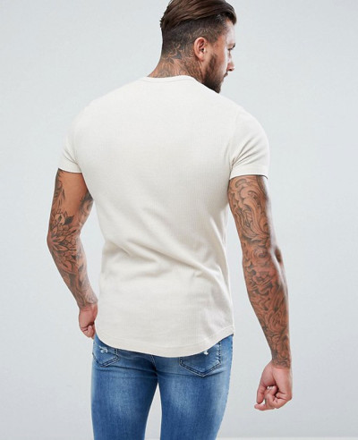 Longline Muscle T Shirt With Curved Hem In Waffle In Beige