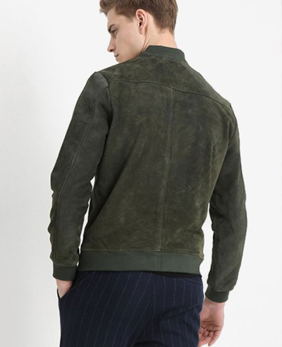 Men Biker Bomber Green Suede Leather Jacket