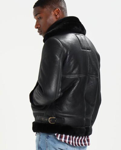 Men Black Fur Sheep Real Leather Jacket