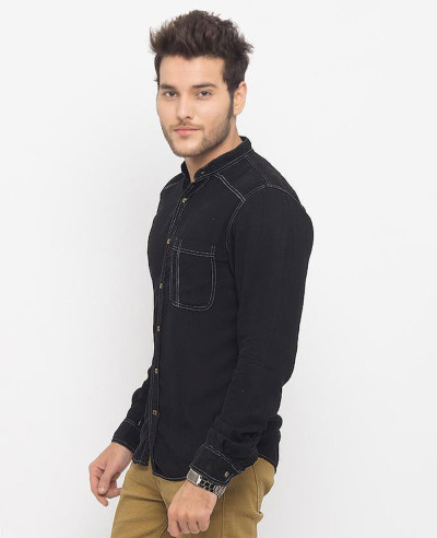 Men Black Super Soft Tencel Denim Shirt with Brass Buttons