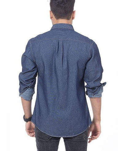 Men Dark Blue Denim Shirt with Snap Buttons