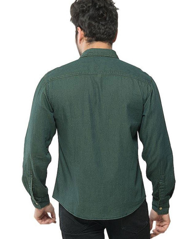 Men Dark Green Denim Brass Button Down Overshirt