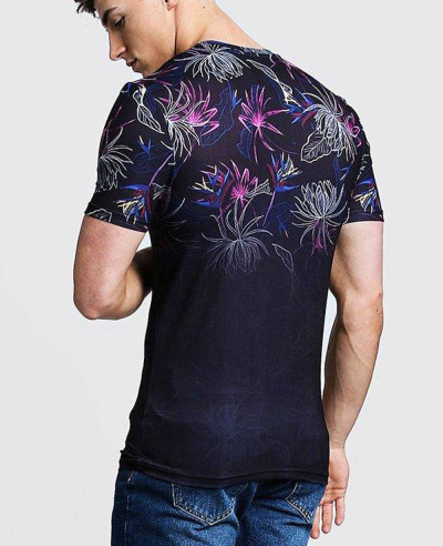 Men Muscle Fit Oriental Floral Print T Shirt