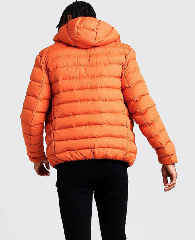 Men Orange Quilted Zipper Through Jacket With Hood