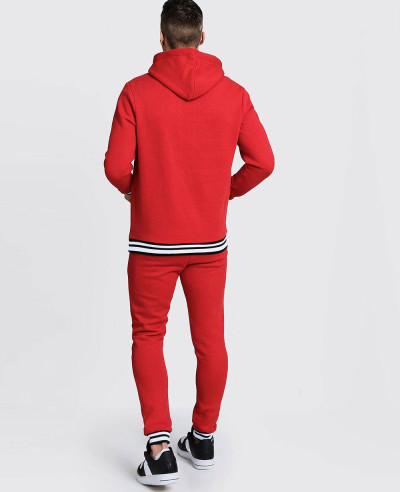 Men Red Hooded Tracksuit With Contrast Rib