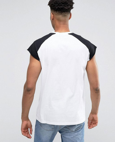 Men Sleeveless With Raw Edge And Contrast Raglan In White Black Tank Top