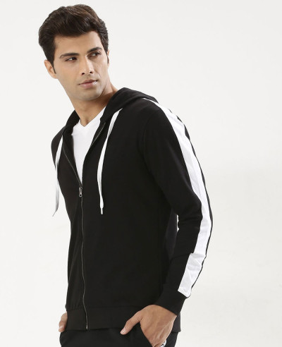 Men-Zipper-Contrast-Panel-Sleeve-Hoodie