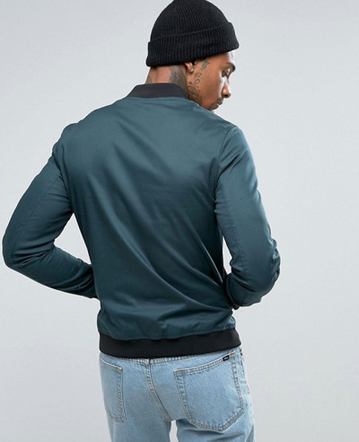 Muscle Fit Bomber Jacket With Sleeve Zipper in Bottle Green