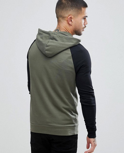 Muscle Hoodie With Contrast Raglan Sleeve In Khaki And Black