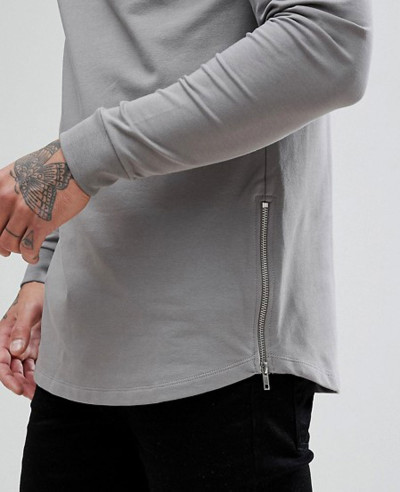 Muscle Longline Sweatshirt With Side Zips & Curved Hem In Grey