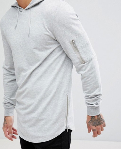 Muscle Longline With Side Zipper And Curved Hem Pockets In Grey Hoodie