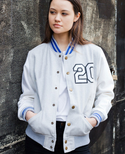 Navy Blue Faux Leather Sleeves White Wool Varsity Jacket