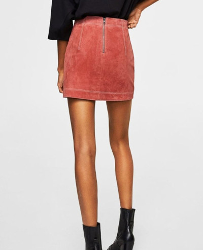 Pink Real Suede Leather Skirt