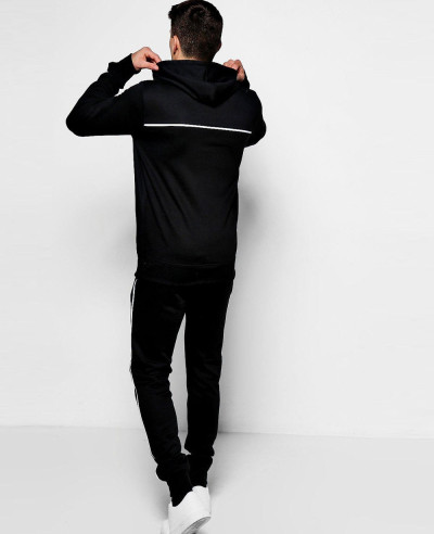 Pullover Black Over The Head Hooded Tracksuit With Piping