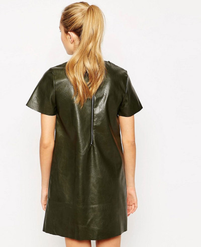 Short Sleeve Shift Cheap Dress in Leather Look