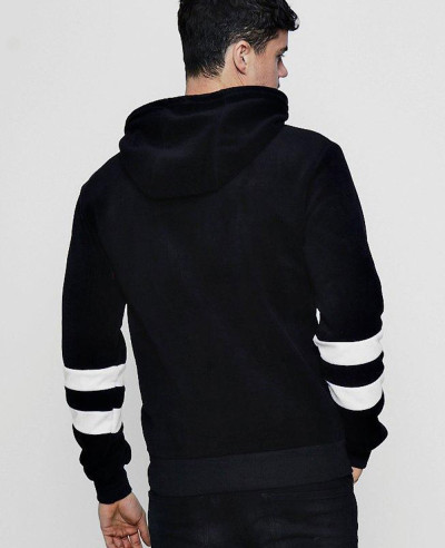 Stripe Sleeve Fleece Pullover Black Hoodie