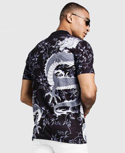 Sublimation-Men-Short-Sleeve-Oriental-Dragon-Print-Zipper-Polo-Shirt
