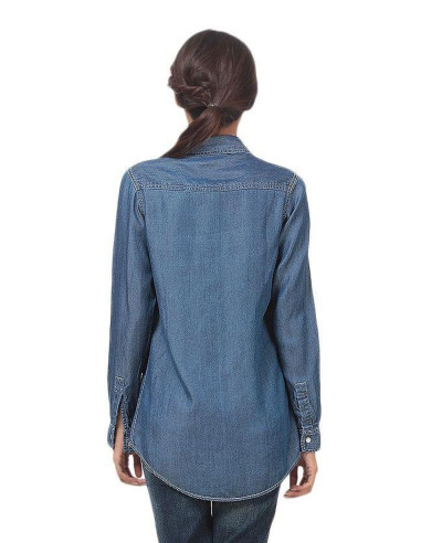 Women-Dark-Blue-Silky-Tencel-Denim-Button-Down-Shirt-With-White-Snap-Buttons