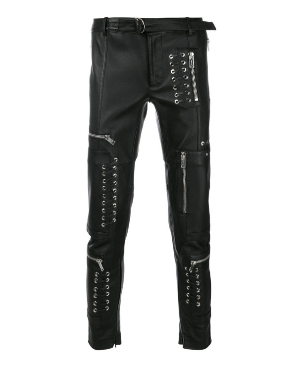 Biker-Trouser-Men-Leather-Denim-Splices-Skinny-Pencil-Punk-Casual-Zip-Pant