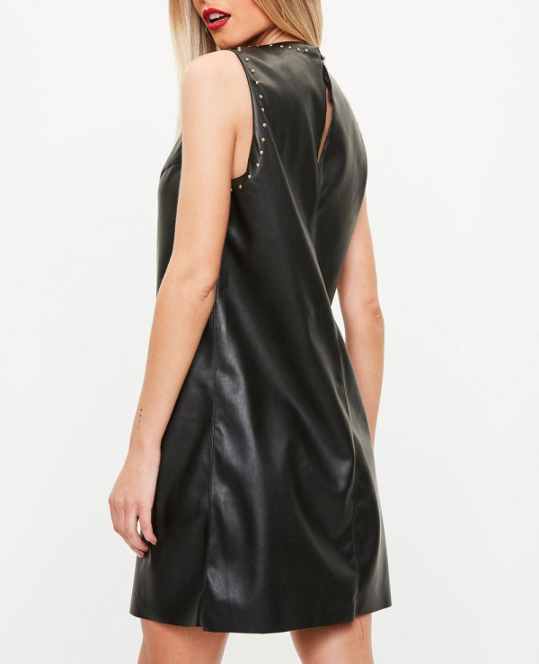 Black-Studded-Faux-Leather-Shift-Leather-Dress