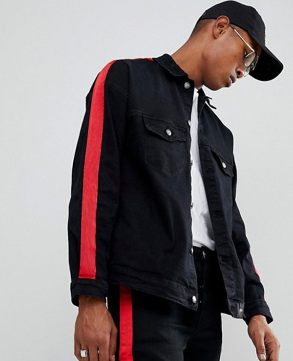 Denim Jacket In Black With Red Stripe Wholesale Manufacturer