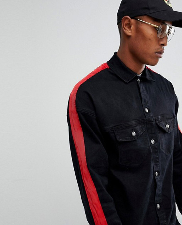Denim Jacket In Black With Red Stripe Wholesale Manufacturer Exporters Textile Fashion Leather Clothing Goods with we have provide customization Brand your own