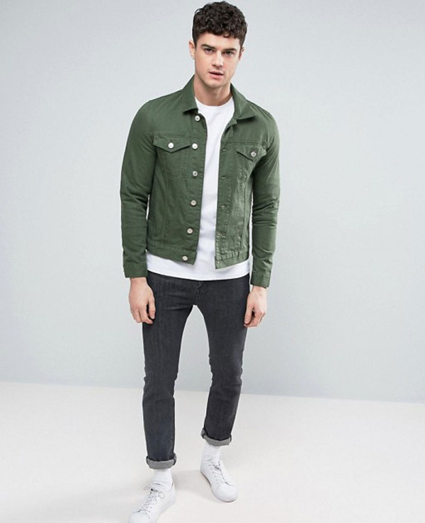 Dark green muscle sales fit denim jacket