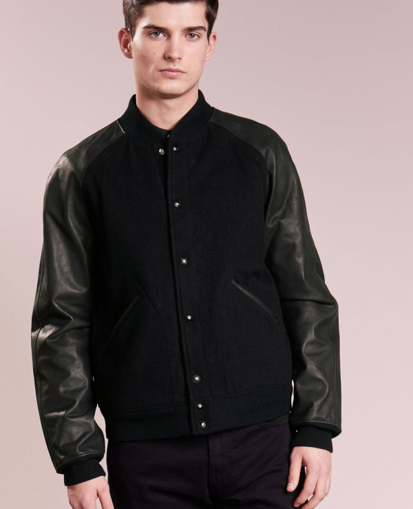 Leather Panelled Varsity Jacket - Black