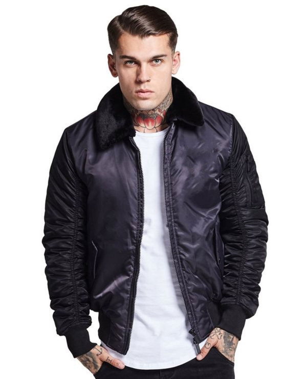 Men's Varsity Wool Leather Bomber Jacket in Black