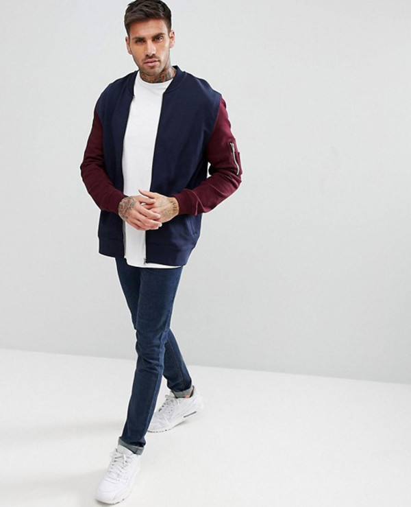 Jersey-Bomber-Jacket-With-Contrast-Sleeves-And-Pocket-In-Navy