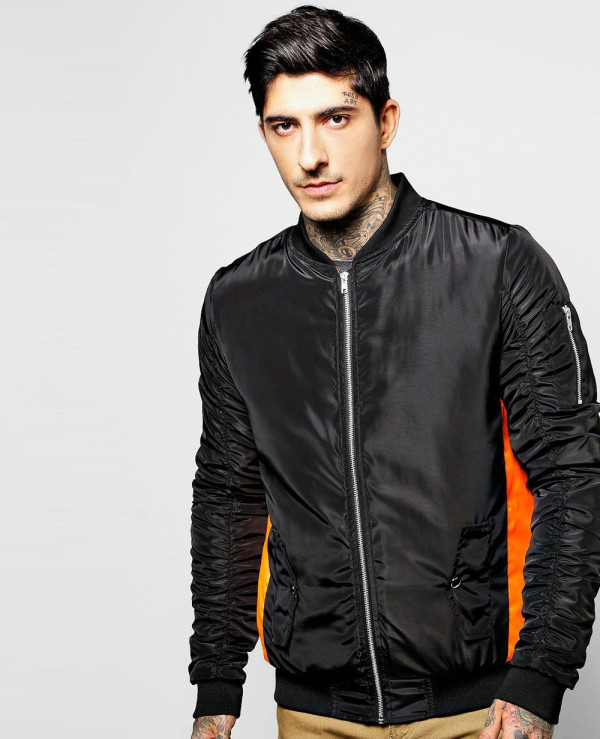 Lined Nylon Bomber Jacket With Camo Sleeves Varsity Jacket