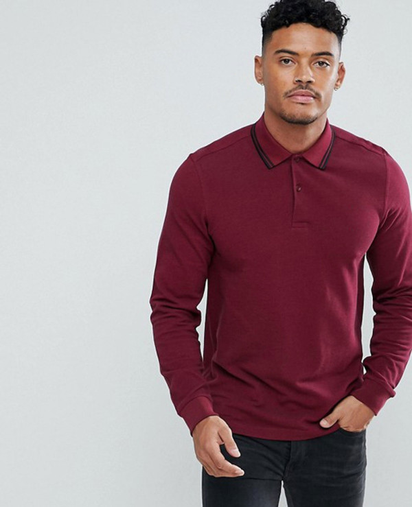 Long Sleeve Slim Fit Twin Tipped Polo Shirt In Burgundy Wholesale ...