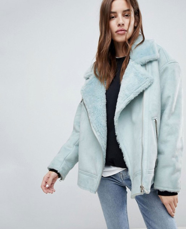 Longline Aviator Suede Biker Leather Jacket With Borg Collar