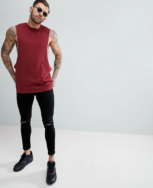 Longline-Vest-With-Extreme-Dropped-Armhole-In-Red-Tank-Top