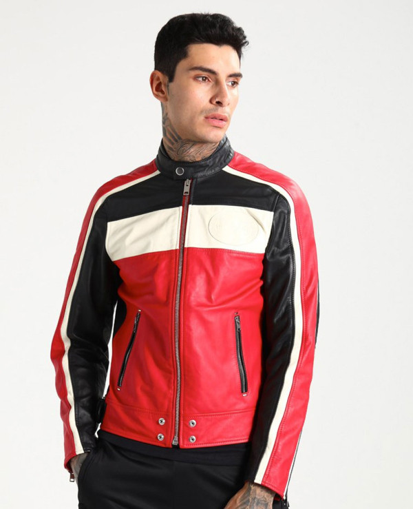 Jacket Makers Men's Motorcycle Color Block Quilted Leather Jacket