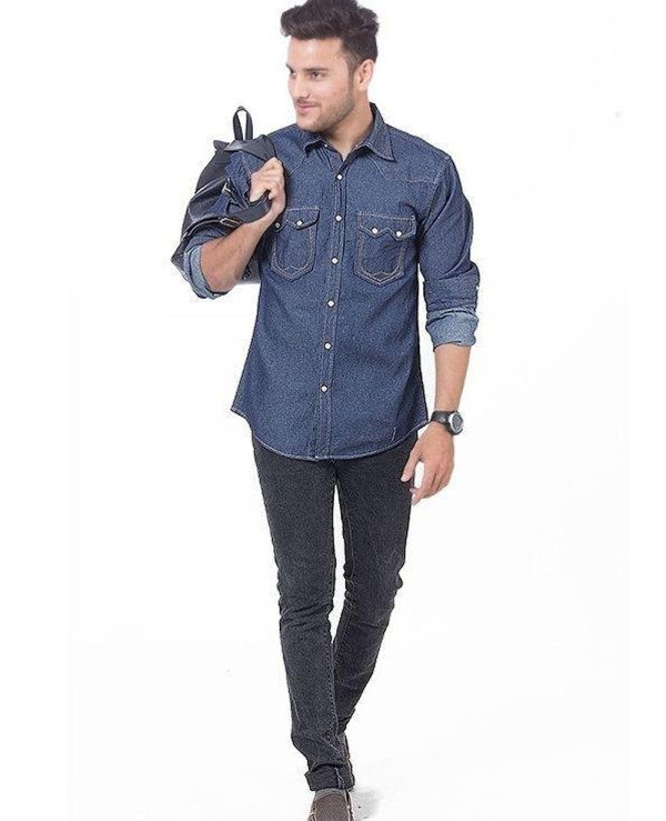 denim shirt with grey pants