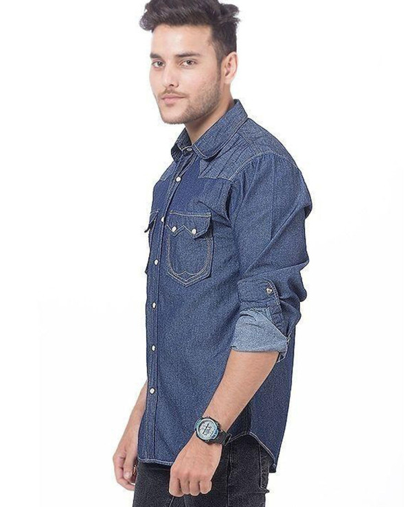 Men Dark Blue Denim Shirt with Snap Buttons Wholesale Manufacturer ...