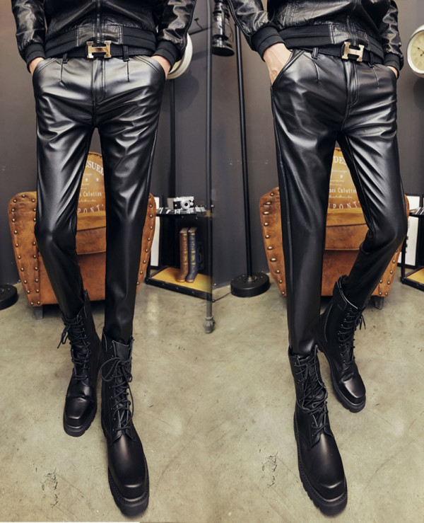 Men Skinny Faux Leather Pants Pleated Casual Long Wholesale ...