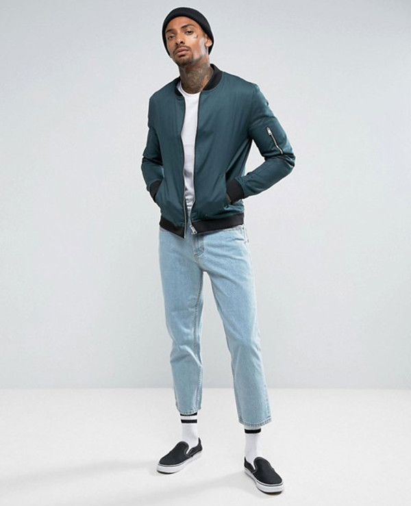 Muscle-Fit-Bomber-Jacket-With-Sleeve-Zipper-in-Bottle-Green