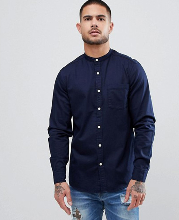 Grandad collar cheap denim shirt
