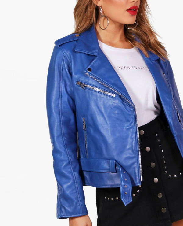 New-Custom-Blue-Women--Leather-Biker-Jacket