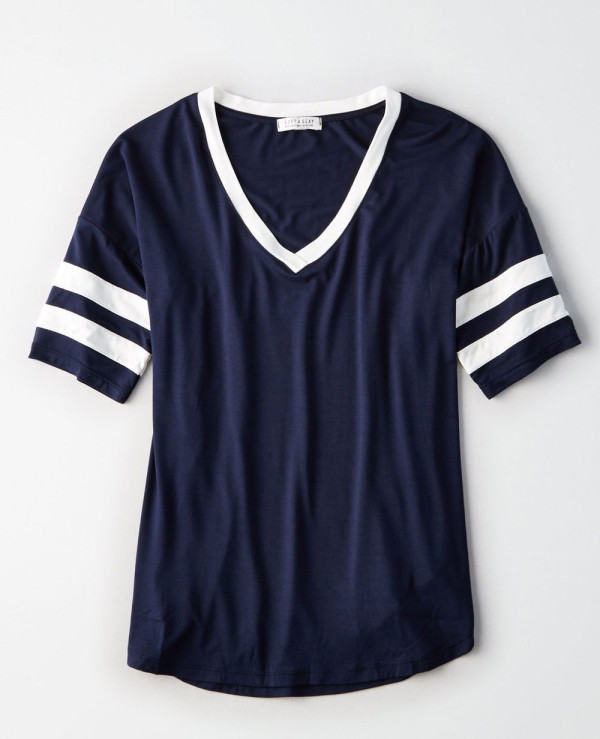New-Look-Women-Striped-Sleeve-V-Neck-T-Shirt