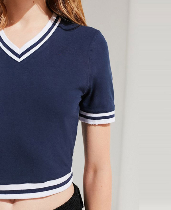 New-Most-Selling-Navy-Blue-V-Neck-Cropped-Tee