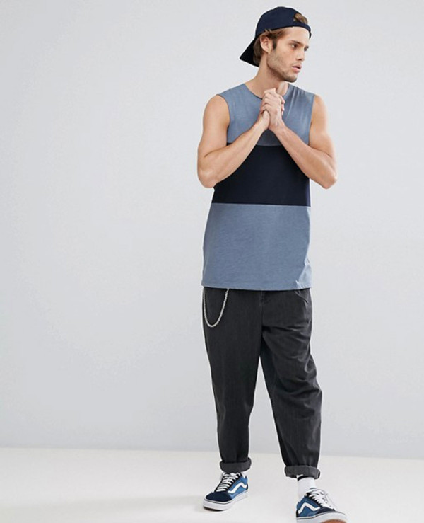 Vest-With-Dropped-Armhole-and-Contrast-Panel-In-Blue-Tank-Top