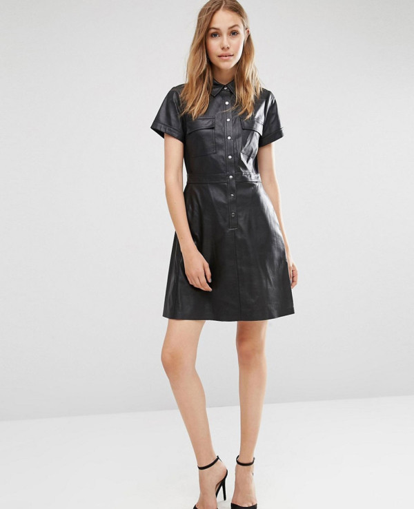 Women Faux Leather Shirt Dress with Short Sleeves Wholesale Manufacturer &  Exporters Textile & Fashion Leather Clothing Goods with we have provide  customization Brand your own