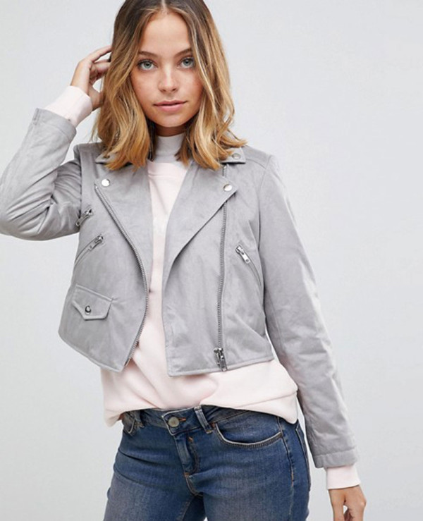 Women Grey Suedette Biker Jacket Wholesale Manufacturer Exporters Textile Fashion Leather Clothing Goods with we have provide customization Brand your own