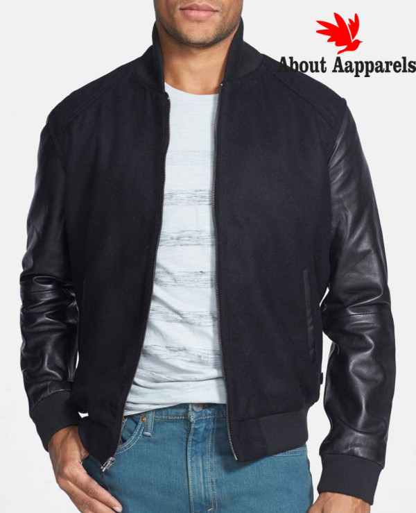 Black Faux Suede Leather Varsity Bomber Jacket